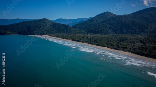 Praia da Fazenda is a tourist destination within the Serra do Mar State Park in São Paulo, Brazil. The nature of the Atlantic Forest and the beach with clear blue-green waters enchant the tourists. © Marcio Isensee e Sá
