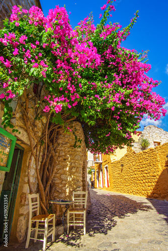 Beautiful decorated streets of Areopoli town with colorful flowers around the traditional stoned buildings in Laconia, Greece