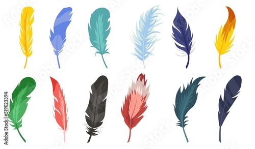 Set of colorful feathers. Collection of graphic elements for website. Birds, nature and animals. Different falling twirled objects. Cartoon flat vector illustrations isolated on white background