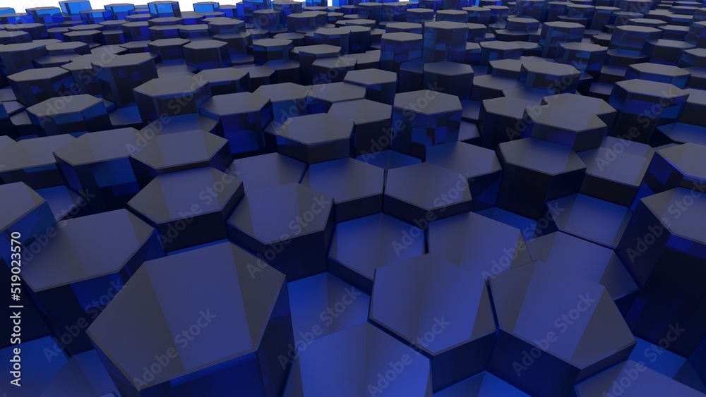 Fototapeta premium Abstract background with waves made of black futuristic honeycomb mosaic hexagon geometry primitive forms that goes up and down under blue back-lighting. 3D illustration. 3D CG. High resolution.