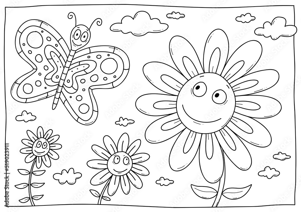 Ausmalbild Sommer Frühling Schmetterling Blumen ilustración de Stock