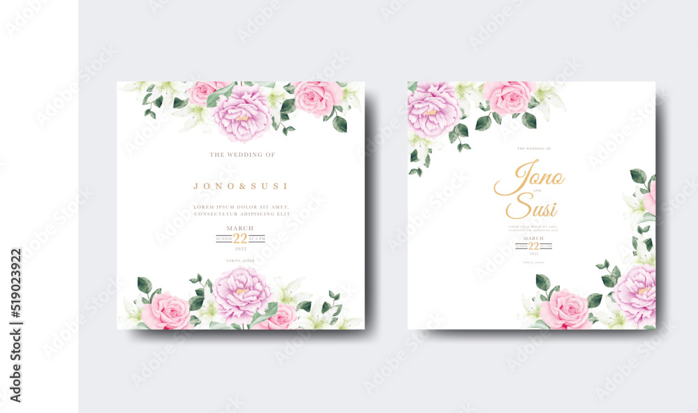 Beautiful wedding invitation card template with floral leaves 