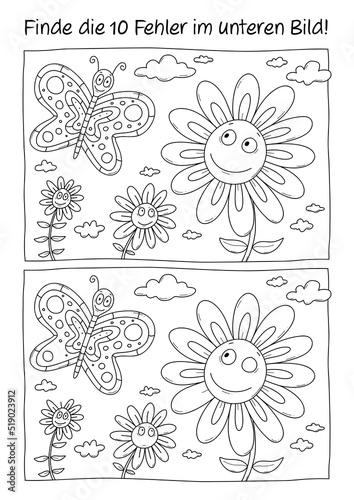 Fehlerbild Ausmalbild Sommer Frühling Schmetterling Blumen