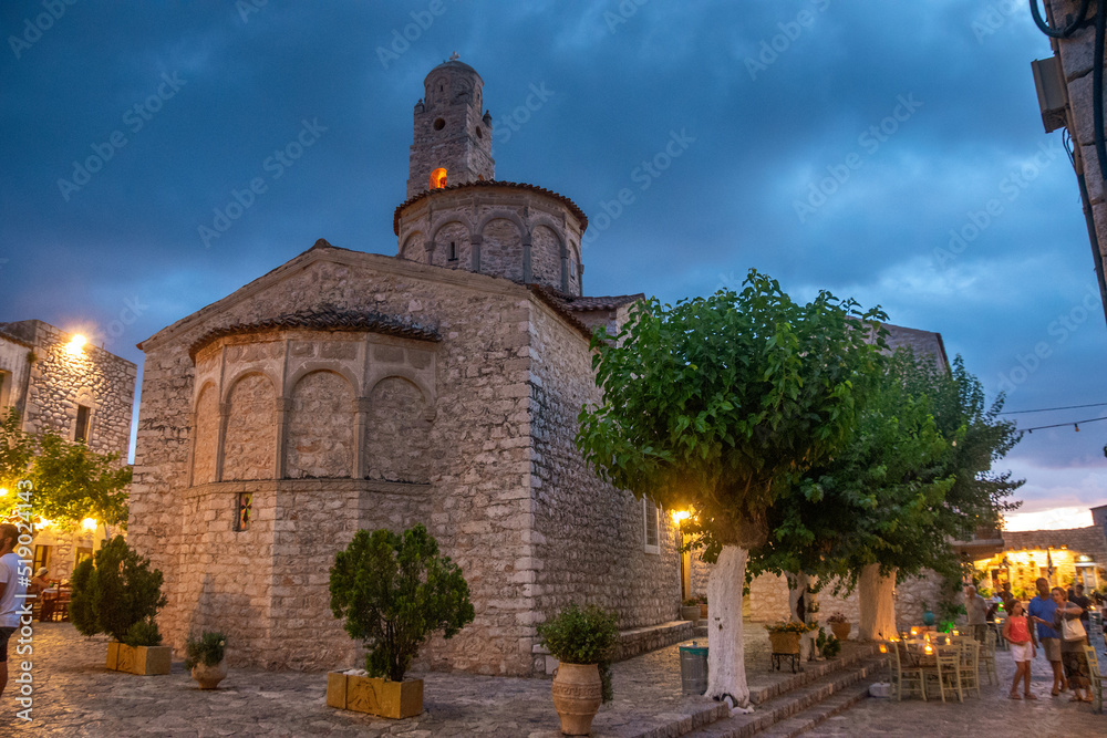 Fototapeta premium The beautiful town of Areopoli with traditional architectural buildings and stoned houses in Laconia, Greece