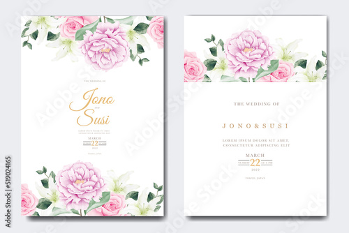 Beautiful wedding invitation card template with floral leaves 