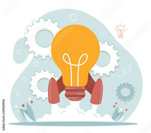 Innovation idea concept. Light bulb in shape of rocket, metaphor for successful startup. Boost creative decision, insight and brainstorming. Invent new solution. Cartoon flat vector illustration