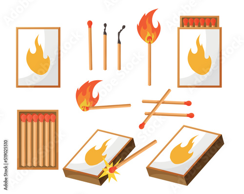 Matches and matchboxes. Collection of elements for kindling fire. Set of stickers for social networks. Burnt matchstick with box. Cartoon flat vector illustrations isolated on white background