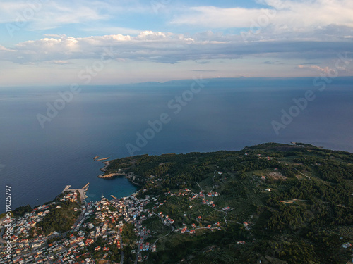 Aerial panoramic view over Alonissos island, Greece at sunset