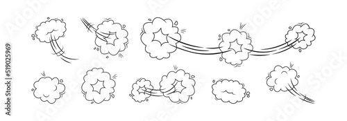 Comic cloud dust, smoke doodle poof effect line vector icon. Speed and jump wind, whoosh air bubble. Fun black and white outline illustration