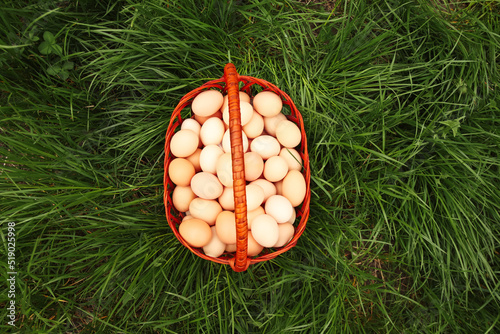 Defocus eggs in basket on grass background. Chicken eggs in wooden basket on green nature floor at cloudy day. Copy space. Organic food. Top view. Out of focus