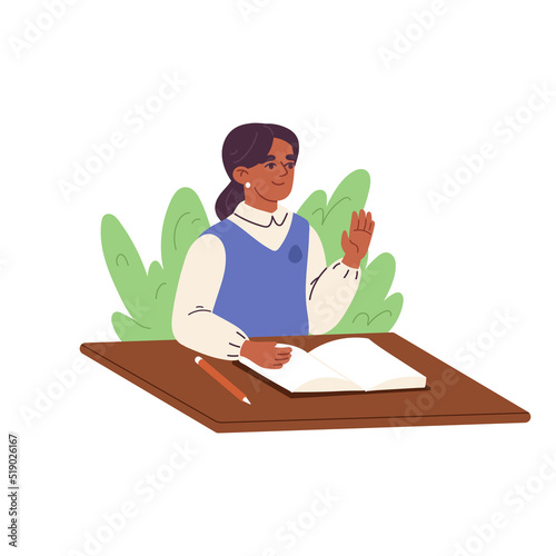 Clever aframerican girl raising hand to answer. Primary school education and learning concept. Flat vector illustration