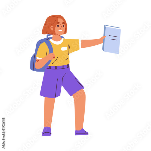 Cute girl go to school. Schoolgirl with book and backpack go to primary school. Flat vector illustration
