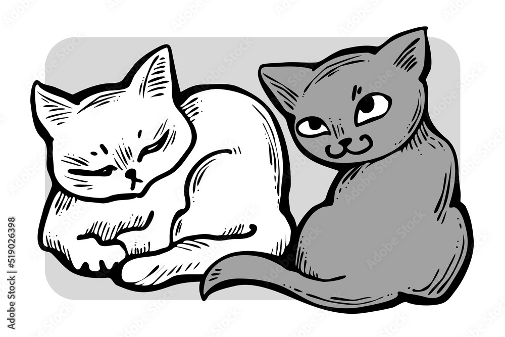 Obraz premium Cute cats friends sitting together. Decorative border, banner, postcard, poster print for kids room or birthday. Logo design for veterinary. Hand drawn illustration. Cartoon style character drawing.