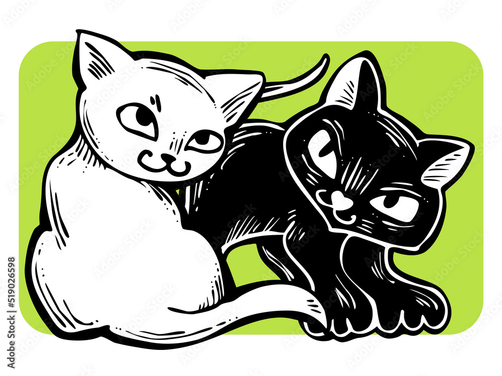Cute cats friends sitting together. Decorative border, banner, postcard, poster print for kids room or birthday. Logo design for veterinary. Hand drawn illustration. Cartoon style character drawing. Cute cats friends sitting together. Decorative border, banner, postcard, poster print for kids room or birthday. Logo design for veterinary. Hand drawn illustration. Cartoon style character drawing.