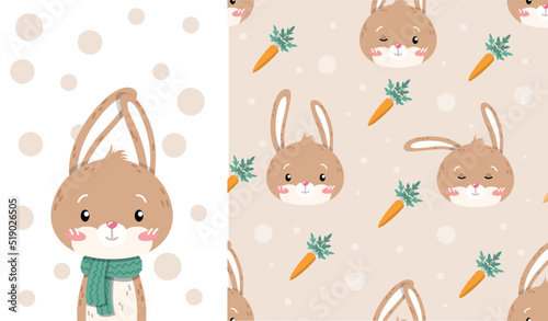 Seamless patterns with rabbit. Repeating image for printing on bed linen. Cute animal with carrot, imaginary character. Mascot or toy, head of adorable bunny. Cartoon flat vector illustration