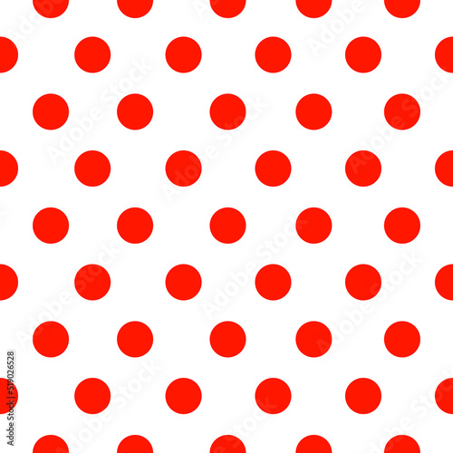 Abstract pattern with red circles and dots on white background. 
