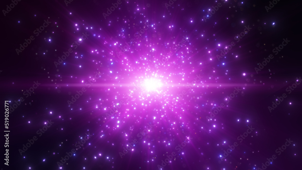 Pink purple dust particles explosion, Light ray beam effect.
