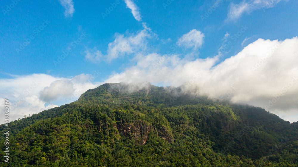 Aerial view of Mountains with rainforest and clouds. Sri Lanka