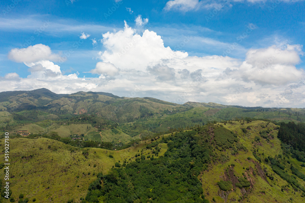 Fototapeta premium Green hills with tea estates in a mountainous area against a background of blue sky and clouds. Sri Lanka.
