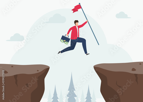 Businessman or manager hold success flag while jump through the gap obstacles and success. Running and jump over cliffs. Business risk and success concept. Overcoming Obstacles concept Vector.