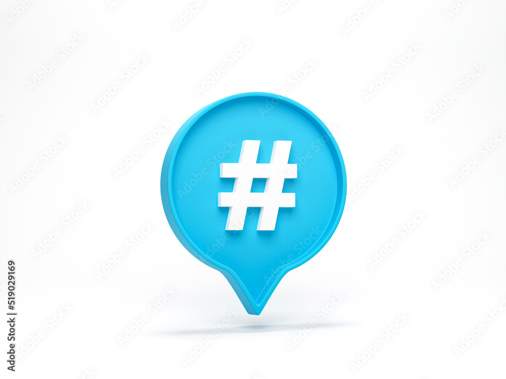 Fototapeta premium 3D render, 3D illustration. Hashtag search link symbol in social media notification icon isolated on white background. Concept of comments thread mention or micro blogging pr.