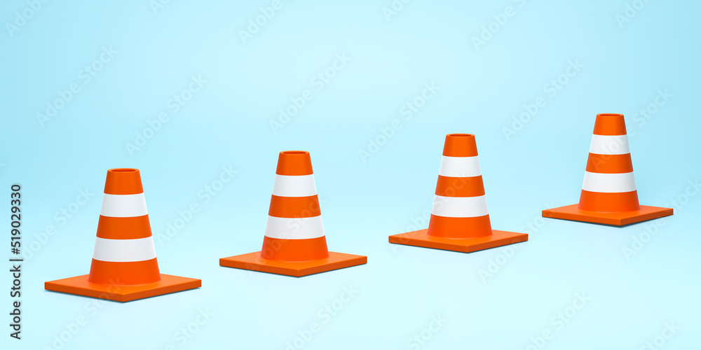 3D render, 3D illustration. Traffic construction cone with white and orange stripes on blue pastel background. Minimal concept 3D render, 3D illustration. Traffic construction cone with white and orange stripes on blue pastel background. Minimal concept