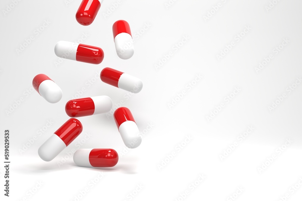 3D illustration, 3D rendering. Antibiotic pill capsules falling on white background. Healthcare and medical concept 3D illustration, 3D rendering. Antibiotic pill capsules falling on white background. Healthcare and medical concept