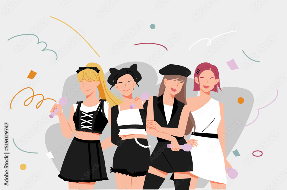 A black and white fashion style idol girl group. flat design style vector illustration. - obrazy, fototapety, plakaty 