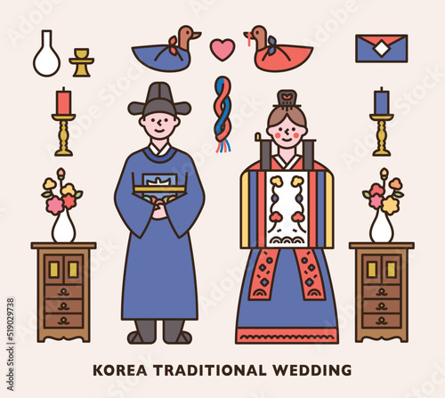 Korean traditional wedding. Groom and bride characters in Korean traditional wedding clothes. Traditional wedding items. flat design style vector illustration.
