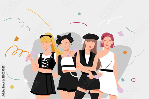 A black and white fashion style idol girl group. flat design style vector illustration. photo