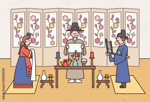 Korean traditional wedding. The groom and the bride face each other with a table in between. The person who officiates is hosting the wedding. flat design style vector illustration.