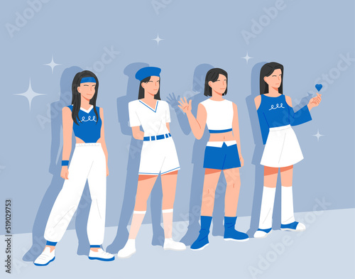 A group of female idols dressed in blue is standing in a cool pose. flat design style vector illustration.