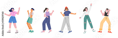 Cool and casual style girls are dancing. A tall and small head character. flat design style vector illustration. © MINIWIDE