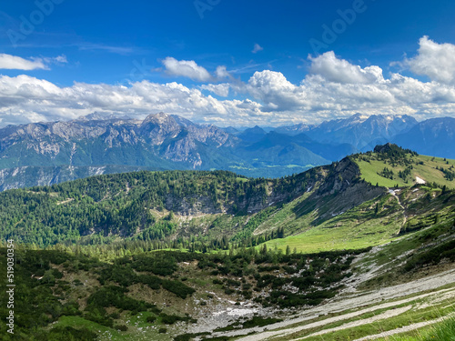 view from Mt. Sonntagshorn towards Berchtesgaden alps and Austrian alps