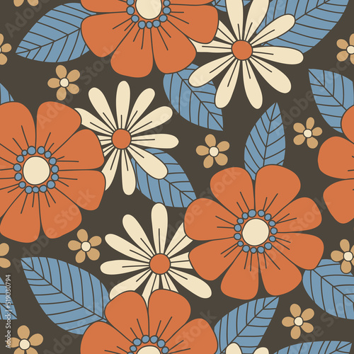 Colorful Orange, Yellow, Blue Large Scale Hand-Drawn Floral Vector Seamless Pattern. Retro 70s Style Nostalgic Fashion Textile Bold Background. Summer Resort Print. Daisies. Flower Power