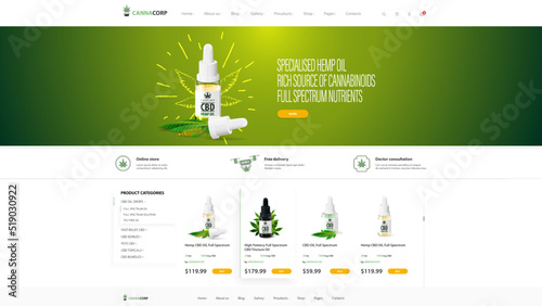 Cannabis store, white and green website design template and interface elements, cannabis store