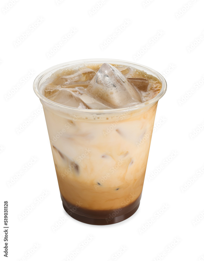 Takeaway plastic cup with cold coffee drink isolated on white
