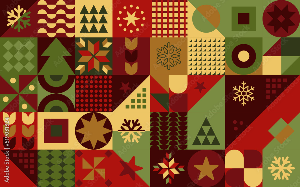 Geometryczna świąteczna kompozycja - kolorowa mozaika z gwiazdkami, choinkami i płatkami śniegu na Boże Narodzenie. Powtarzający się wzór w stylu neo geo do zastosowania jako tło do projektów. - obrazy, fototapety, plakaty 