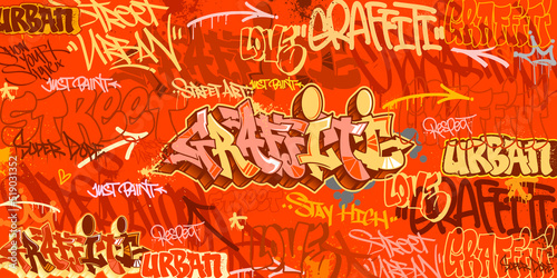 Graffiti background with throw-up and tagging hand-drawn style. Street art gr...