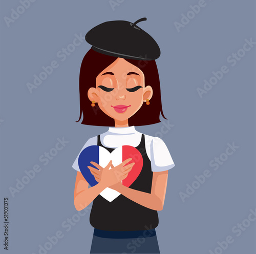 French Woman Holding a National Flag Heart Vector Illustration. Chic stylish girl wearing a beret hat celebrating July 14
