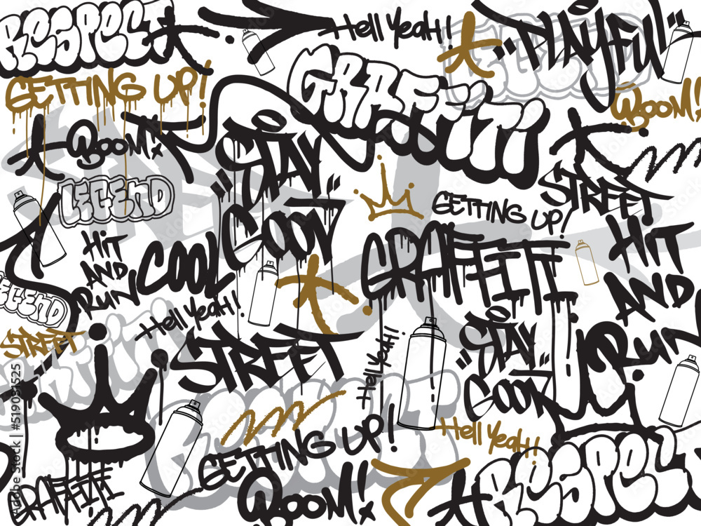 Graffiti background with throw-up and tagging hand-drawn style. Street art graffiti urban theme for prints, banners, and textiles in vector format. - obrazy, fototapety, plakaty 