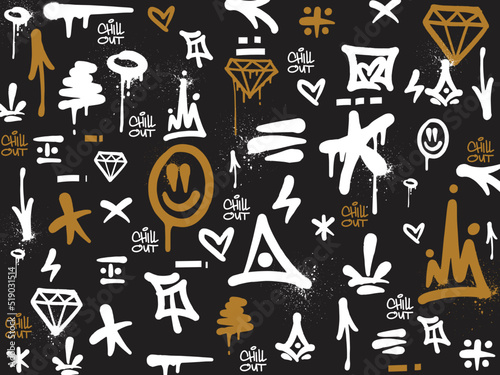 Graffiti background with throw-up and tagging hand-drawn style. Street art graffiti urban theme for prints, banners, and textiles in vector format.