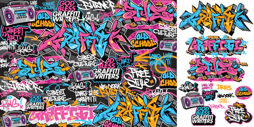 A set of colorful graffiti art sticker illustrations. Cool graffiti sticker for background, print, and textile. Street art urban theme photo