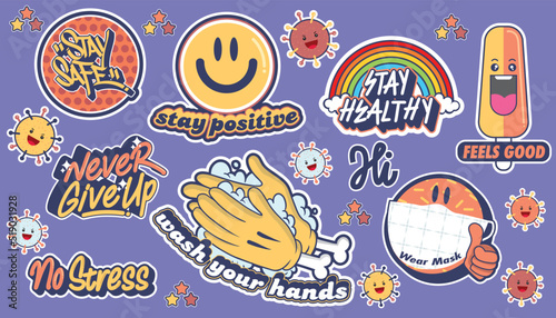 A set of colorful fun sticker illustrations. 