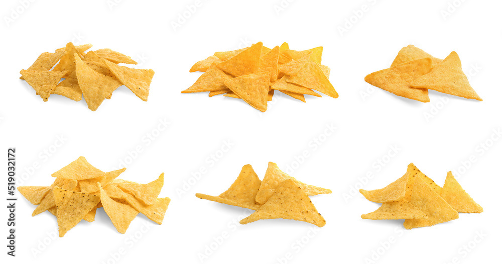 Set with tasty tortilla chips (nachos) on white background. Banner design