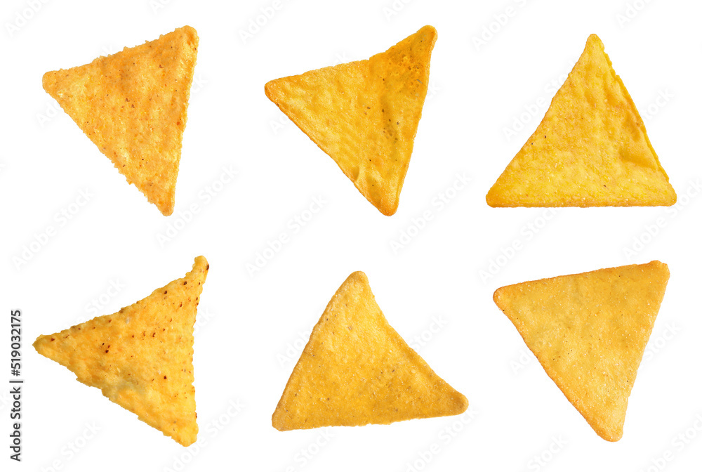 Set with tasty tortilla chips (nachos) on white background Set with tasty tortilla chips (nachos) on white background