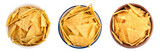 Set with tasty tortilla chips (nachos) on white background, top view. Banner design