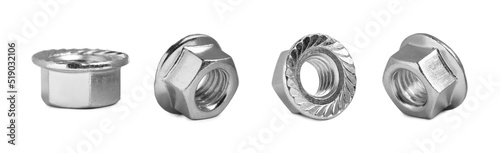 Set with metal flange nuts on white background. Banner design photo