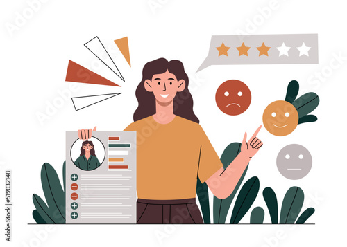 Soft skills concept. Recruitment staff with good resume. Girl holding special questionnaire in her hands for assessment of employees. Selection of candidate for job. Cartoon flat vector illustration
