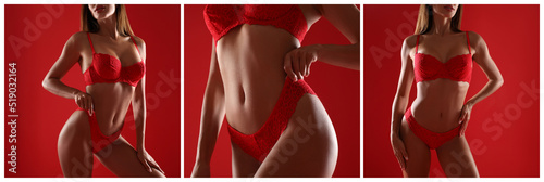 Collage with photos of woman wearing red underwear on color background. Banner design